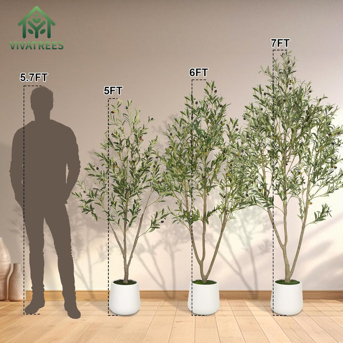 VIVATREES Olive Trees Artificial Indoor, 7FT Tall Faux Olive Tree with White Tall Planter, Artificial Plants with Natural Wood Trunk and Lifelike Fruits for Home Office Decor