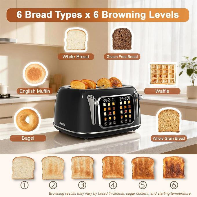 Mecity 4 Slice Toaster, Wide Slot Retro Design, 120V 1650W, Jet Black