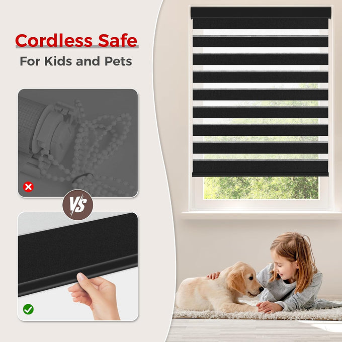 Allesin zen Cordless Zebra Blinds 46" W x 48" H Black, Dual Layer Day and Night Shades, Room Darkening Blackout & UV Protection, Child & Pet Safe, Easy Install, Home Office Window Treatment