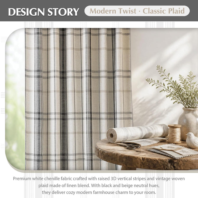 DriftAway 100% Blackout Plaid Linen Chenille Curtains 90 Inches Black