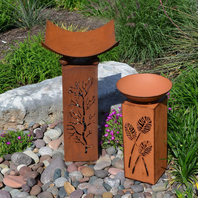 Westcharm Rustic LED Pillar with Planter Dish Bowl and Timer - Decorative Column with Leaves Motif for Home Yard Patio Outdoors