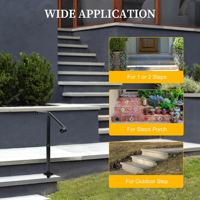 Handrail Railing, Single Post Handrail, Stair Railing for Concrete,Sturdy Handrails with Base, Mountable Iron Stair Handrail for 1 or 2 Steps, Grab Rail for Steps Porch, Railings for Outdoor Step