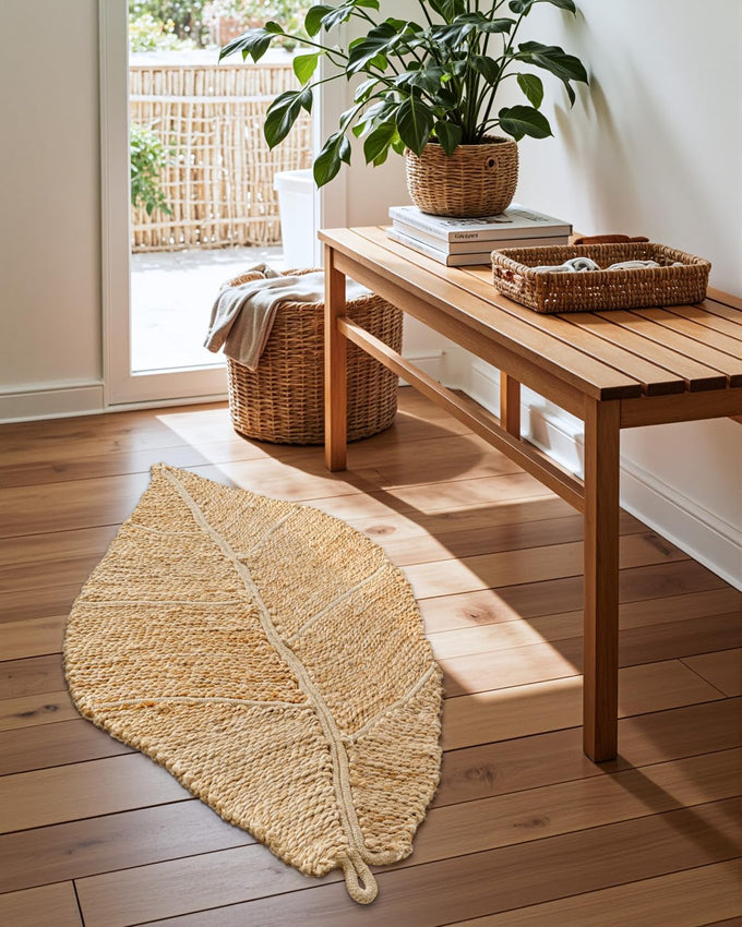 DEXI Jute Door Mat 24x36, Leaf Shaped Inside Entry Mat, Beige