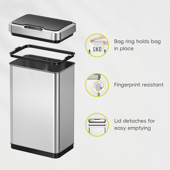 EKO Mirage-T 50 Liter / 13.2 Gallon Touchless Rectangular Motion Sensor Trash Can or Recycling Bin, Brushed Stainless Steel Finish
