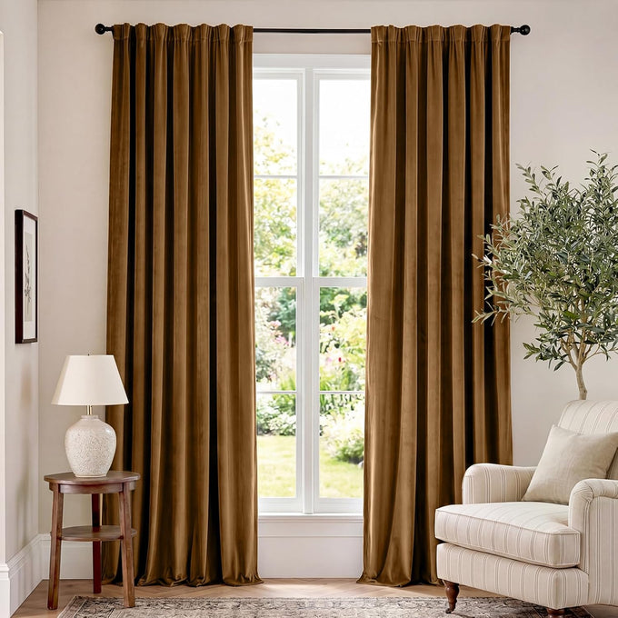Lazzzy Blackout Golden Brown Velvet Curtains Rod Pocket 52×96 Inch 2 Panels