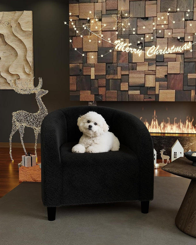 GarveeHome Accent Chair Living Room Chairs Barrel Boucle Chairs Comfy Armchairs for Bedroom Reading Room Reception Chairs(Black)