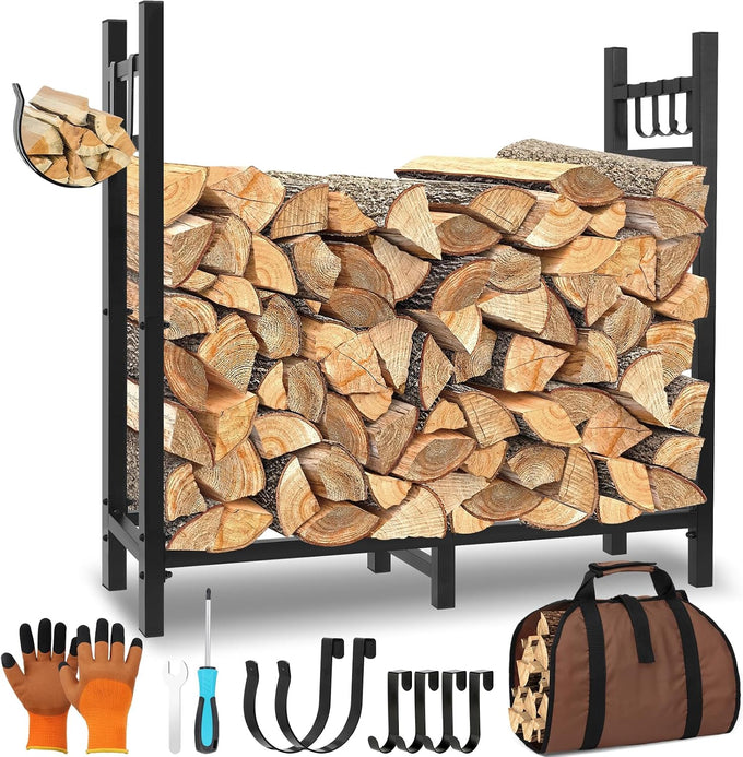 4FT Outdoor Firewood Rack, Wood Storage with 600D Waterproof Oxford Cover Heavy Duty 8 Legs Firewood Log Holder Indoor with Log Carrier, Gloves, and Kindling Hooks for Fireplace Patio Deck Wood Rack