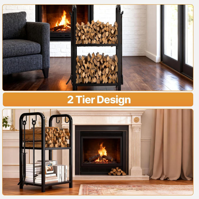 Vailge Firewood Rack Indoor with 4 Pieces Long&Detachable Fireplace Tools, Heavy Duty Steel 2-Tier Firewood Holder Storage, Log Rack for for Fireplace, Fire Pit, Wood Stove Black