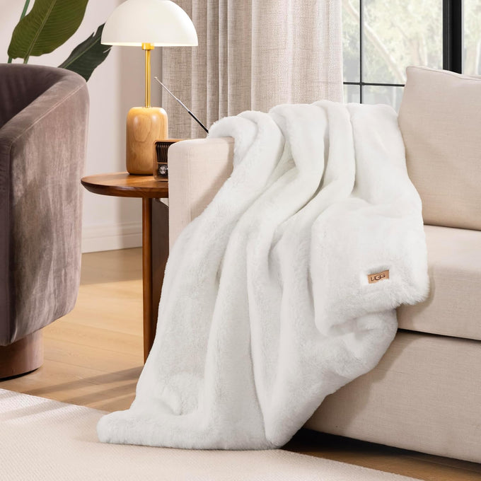 UGG Euphoria Throw Blanket, Plush Faux Fur Blanket, 50" x 70", White Snow