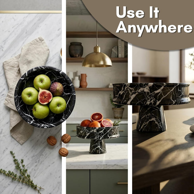 Marble Pedestal Bowl for Kitchen Counter, 10" Handcrafted Natural Stone Decorative Fruit Bowl, Catch-All Key Dish, Dining Table Centerpiece, Pedestal Bowl, & Housewarming Gift (Black Marble)