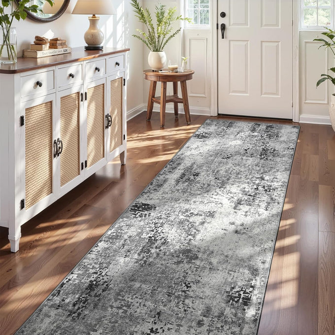 3x12 Grey Rug Runners for Hallways Kitchen Runner Rug Non Slip Washable Black Long Runner Rugs with Rubber Backing Soft Abstract Carpet Runner for Bedroom, Kitchen, Bathroom, Entryway