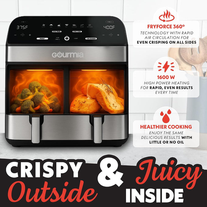 Gourmia Air Fryer - 10 Qt Dual Basket Capacity, Stainless Steel