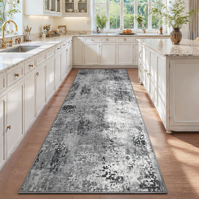 3x12 Grey Rug Runners for Hallways Kitchen Runner Rug Non Slip Washable Black Long Runner Rugs with Rubber Backing Soft Abstract Carpet Runner for Bedroom, Kitchen, Bathroom, Entryway