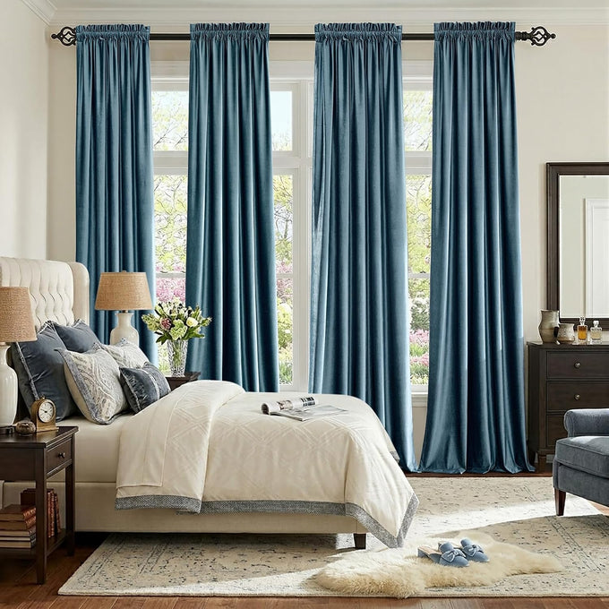 Stone Blue Velvet Curtains 120 inches for Living Room Luxury Room Darkening Grayish Blue Curtain Elegant Bedroom Thermal Insulated Modern Heavy Soft Soundproof Rod Pocket Window Drapes Set of 2 Panel