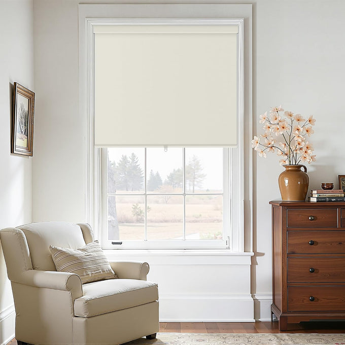 Blackout Roller Shades for Bedroom Window Cordless Free-Stop Blinds with Valance UV Protection 100% Black Out Linen Shades Blinds for Indoor Bathroom Windows Living Room Beige Oatmeal 34" W x 72" H