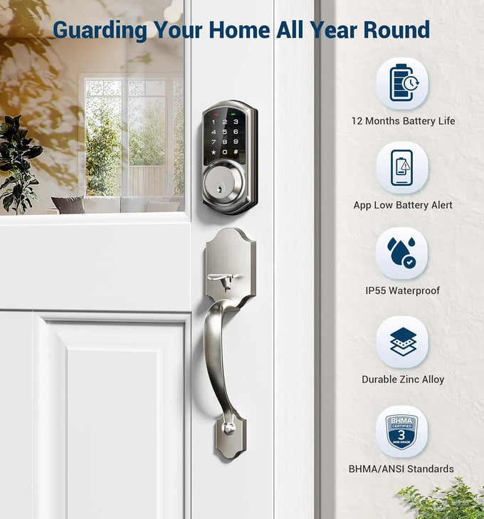 Veise VE06-H Smart Front Door Lock Handle Set, App Control, Satin Nickel