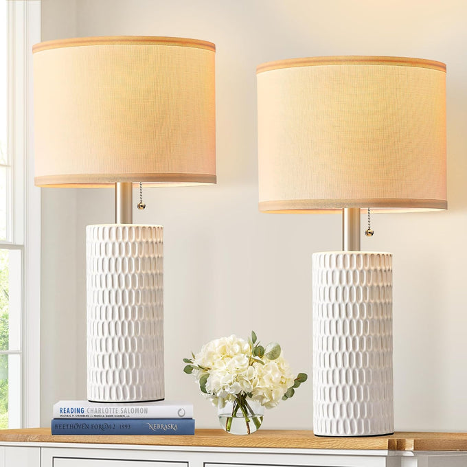 Reaketon 20" Modern Ceramic Table Lamps Set of 2, Lamps for Bedroom, White