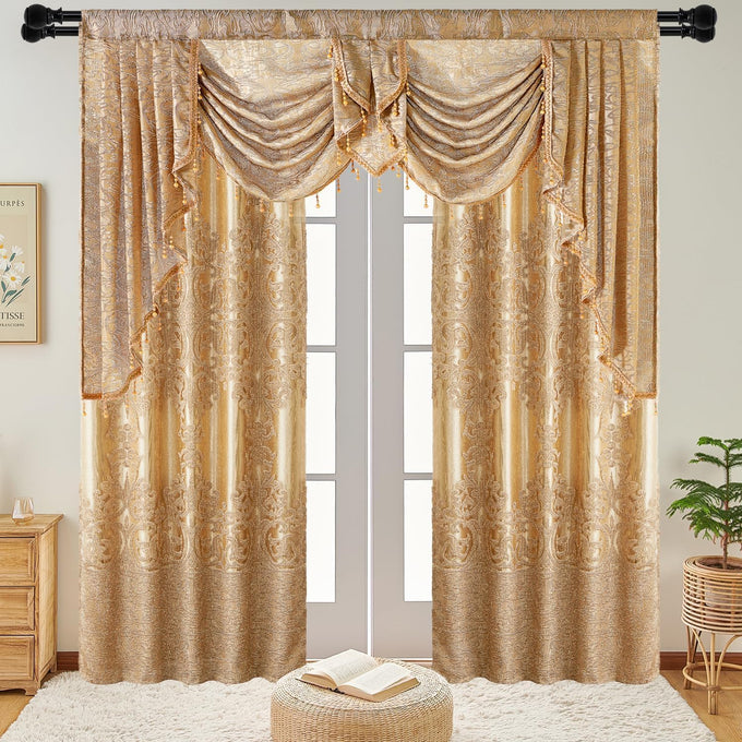 NAPEARL Luxury Jacquard Curtains and a Valance for Living Room, Dining Room Curtains & Drapes with Layer, Set of 2 Panels with Lining Satins (Gloden, W52 x L84)