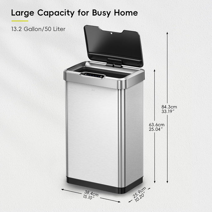 EKO Mirage-T 50 Liter / 13.2 Gallon Touchless Rectangular Motion Sensor Trash Can or Recycling Bin, Brushed Stainless Steel Finish