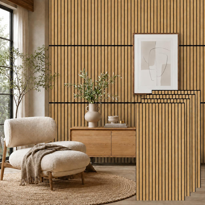 PIWA Acoustic Wall Panels 47"x12" 4 Pack, Wood Slat MDF Core, Matte Black