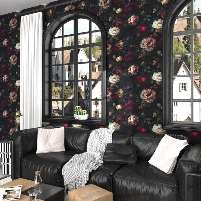 Fvlow Vintage Black Dark Red Floral Peel and Stick Wallpaper 17.4" x 788"