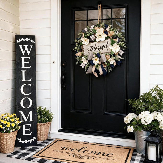 Spring Summer Wreath for Front Door,Farmhouse White Floral Porch Decor
