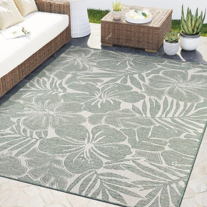 Abani Green Area Rug – Ocean Collection – 4' x 6' Tropical Flower – Indoor & Outdoor Use – UV Protected, Fade-Resistant, Easy to Clean – Durable for Patio, Deck, Entryway, or Kitchen