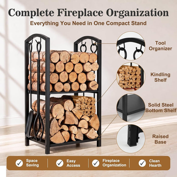 FEED GARDEN 29" Firewood Rack with 4-Piece Fireplace Tools, Indoor Outdoor