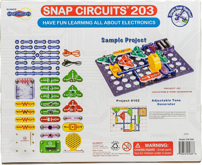 SNAP CIRCUITS 203 STEM Electronics Kit for ages 8 and up, featuring over 200 engaging projects to explore electrical engineering basics with 40+ snap-together components.