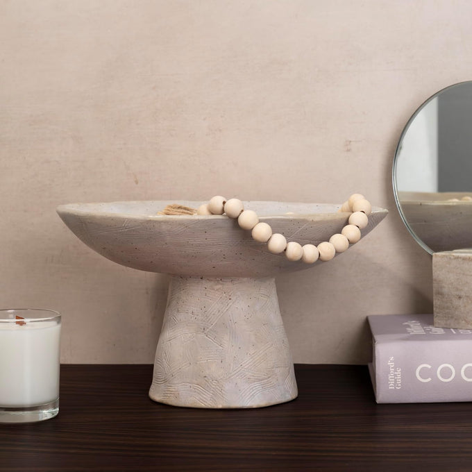 Shelf & Nook Ceramic Pedestal Bowl – Large Decorative Footed Bowl for Fruit, Keys, Entryway Table, Kitchen Island Centerpiece – Off-White Matte Stoneware, Modern French Farmhouse Decor