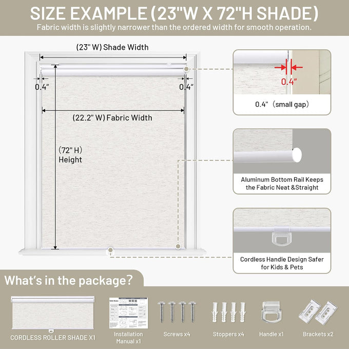 SUNOFF Blackout Cordless Roller Shades Blinds,56" W x 72" H,Linen Beige
