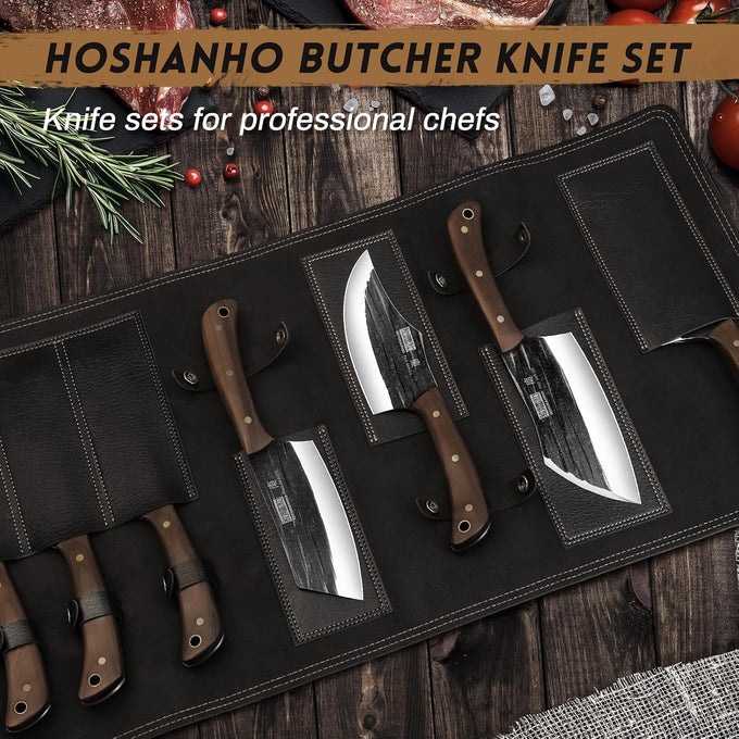 HOSHANHO Butcher Knife Set, Sharp Kitchen Knife Set & Roll Bag Gift for Men