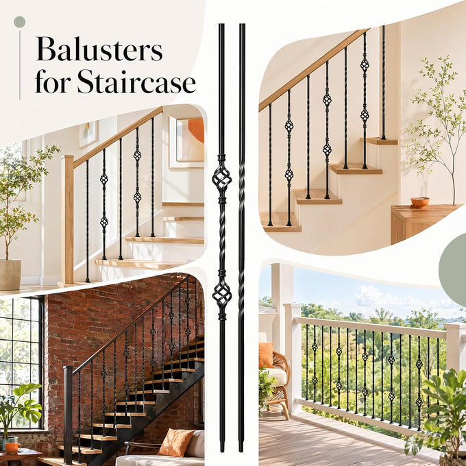 16 Pcs Wrought Iron Balusters for Staircase Interior, 44" Hollow Double Basket with Double Twist Metal Stair Spindles Balusters, 1/2" Balusters for Staircase Decorative - Matte Black