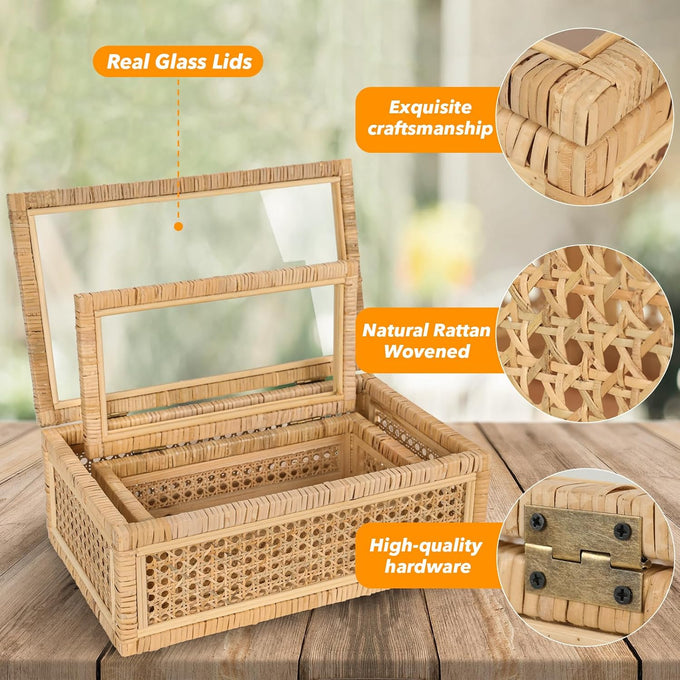 Large Handwoven Boho Rattan Display Boxes with Glass Lids Set of 2