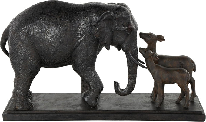 Deco 79 Resin Elephant Decorative Sculpture Walking Home Decor Statue with Dark Brown Deer, Accent Figurine 20" x 6" x 11", Black