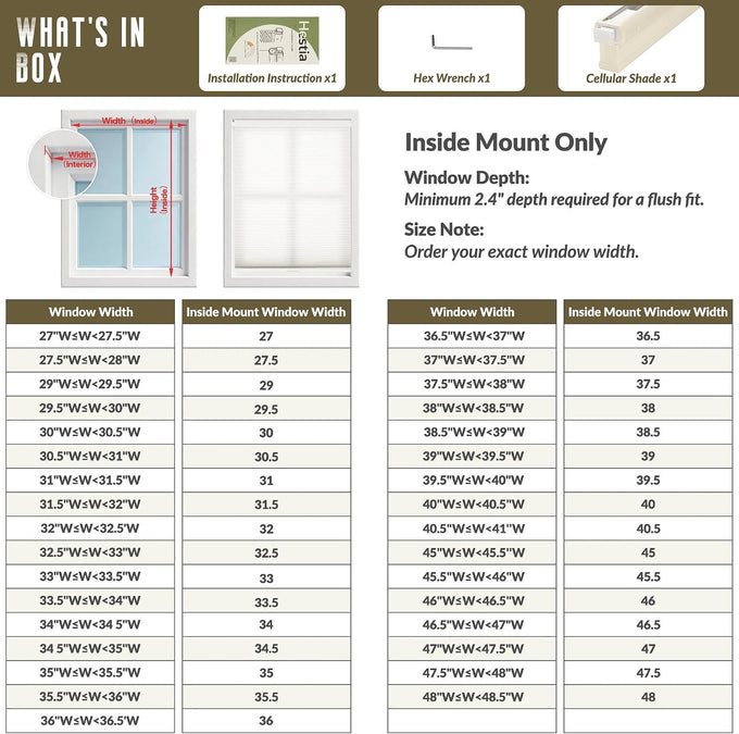 HESTIA No Drill Light Filtering Cellular Shades, Ivory, 38.5" W x 64" H