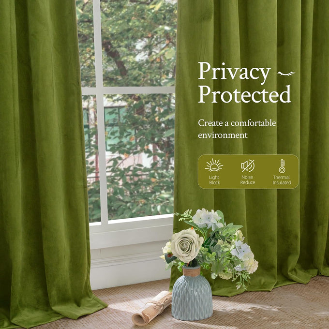 LAMIT Moss Green Vintage Velvet Curtains 108 Inch for Bedroom 2 Panels