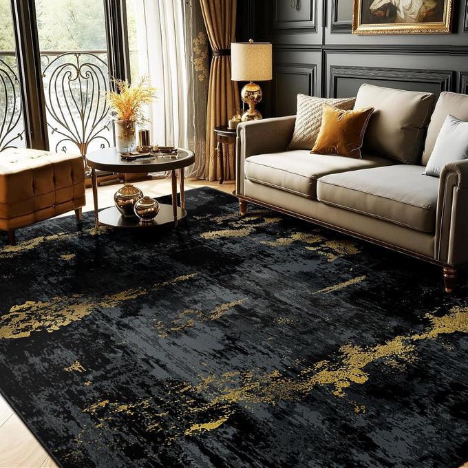 RELEANY Washable 8'x10' Abstract Area Rug for Living Room Black Gold