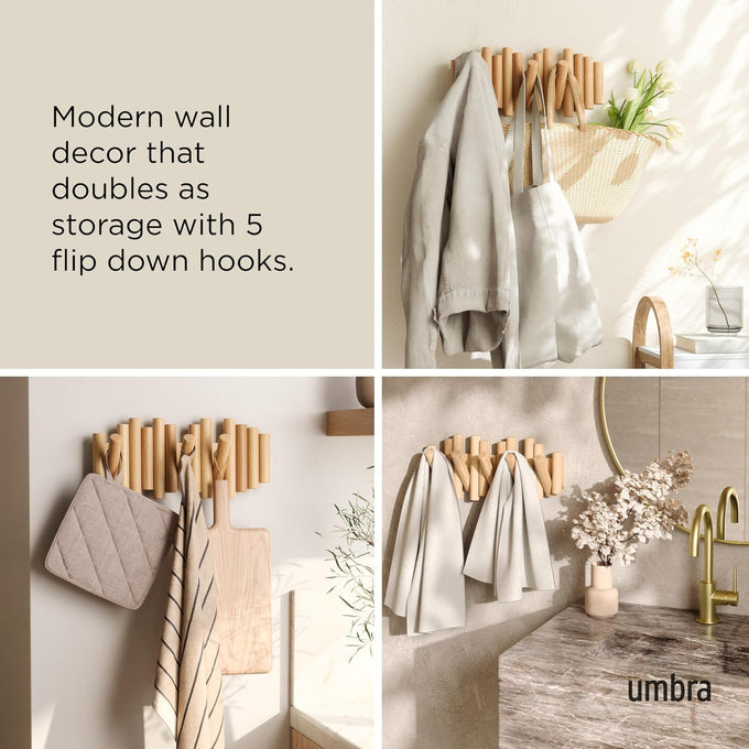 Umbra Picket Coat Rack, Wall Mount 5 Flip-Down Coat Hooks, Natural