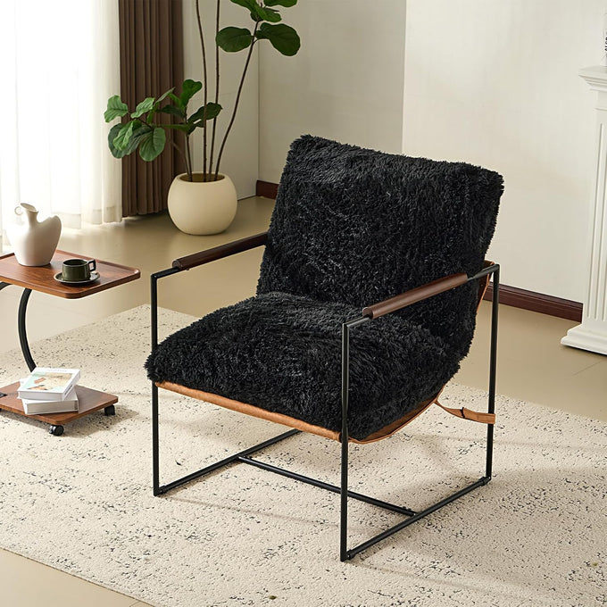 VINGLI 28" Wide Plush Upholstery Sling Modern Accent Chair with Metal Frame, Cute Reading Armchair with Removable Seat Cushion & Tan Microfiber Seat Base, Lazy Chair for Bedroom & Lounge,Black