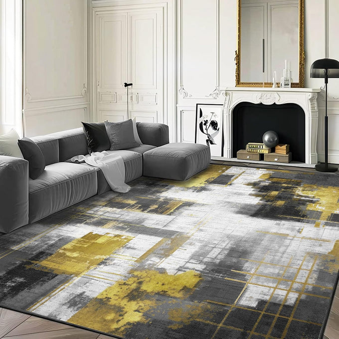 VK·LIVING Machine Washable Rug 6'x9' Abstract Washable Area Rugs for Living Room Non Slip Rugs for Bedroom Modern Woven Boho Rug Soft Carpet for Kitchen, Dining (Gold Brushstroke)