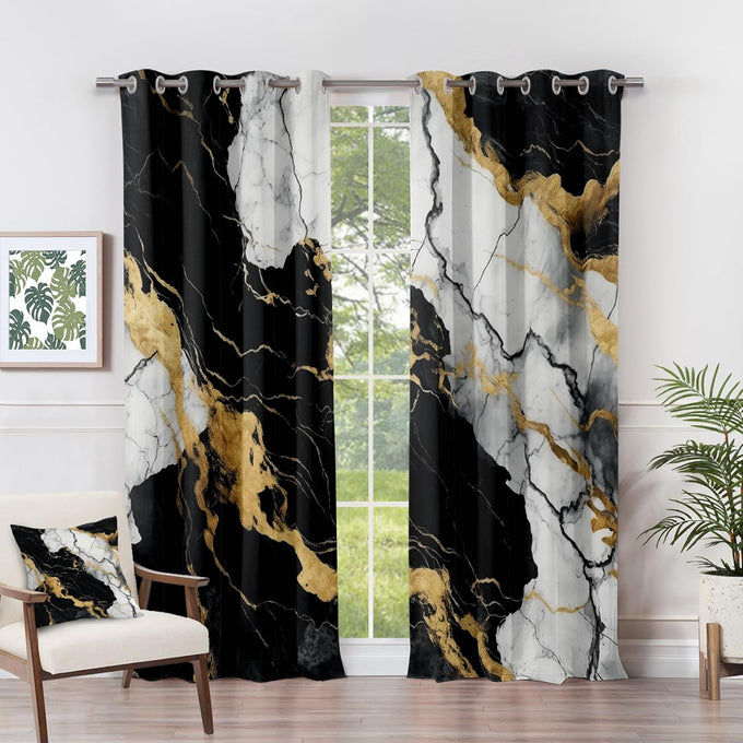 Marble Blackout Curtains for Bedroom Living Room - Black and Gold Abstract Modern Luxury Patterned Window Treatments, Room Darkening Grommet Drapes, 96 Inch Curtains 2 Panel Set