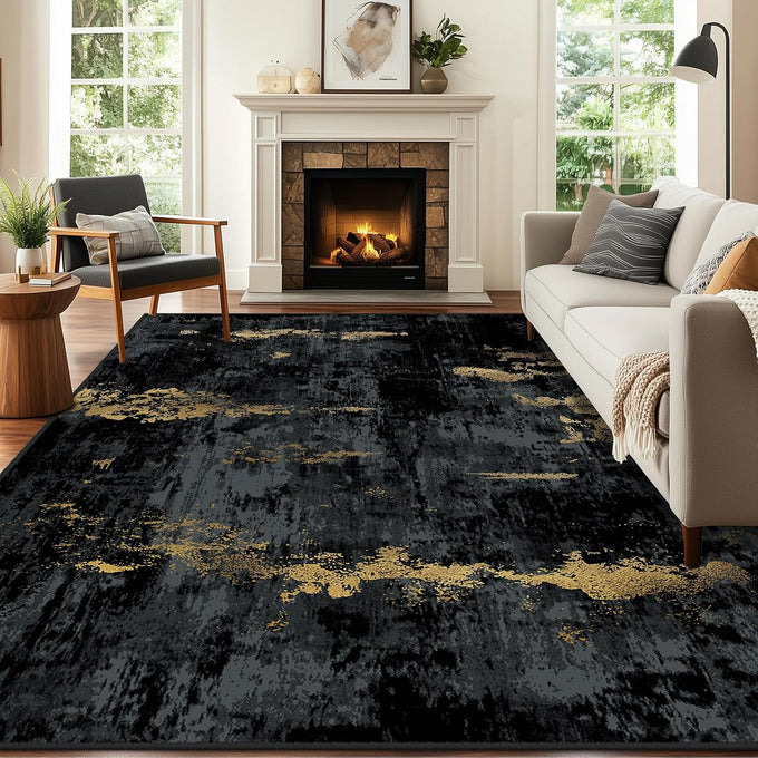 RELEANY Washable 8'x10' Abstract Area Rug for Living Room Black Gold
