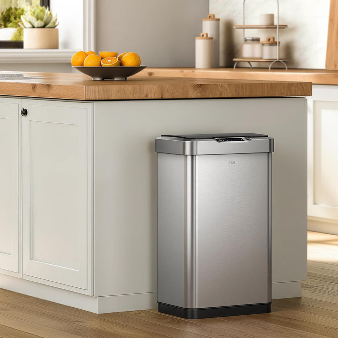 EKO Mirage-T 50 Liter / 13.2 Gallon Touchless Rectangular Motion Sensor Trash Can or Recycling Bin, Brushed Stainless Steel Finish