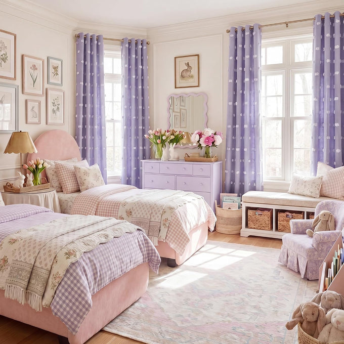 NICETOWN Lavender Purple Pom Pom Curtains, Room Darkening Double Layer Sheer Drapes for Girls Bedroom, Thermal Insulated Window Treatments, W52 x L84, 2 Panels
