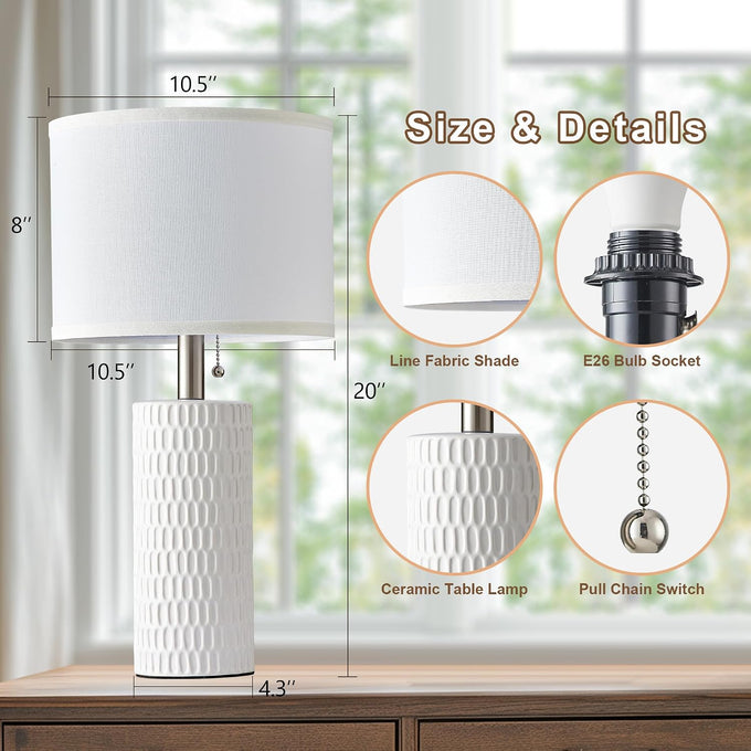 Reaketon 20" Modern Ceramic Table Lamps Set of 2, Lamps for Bedroom, White