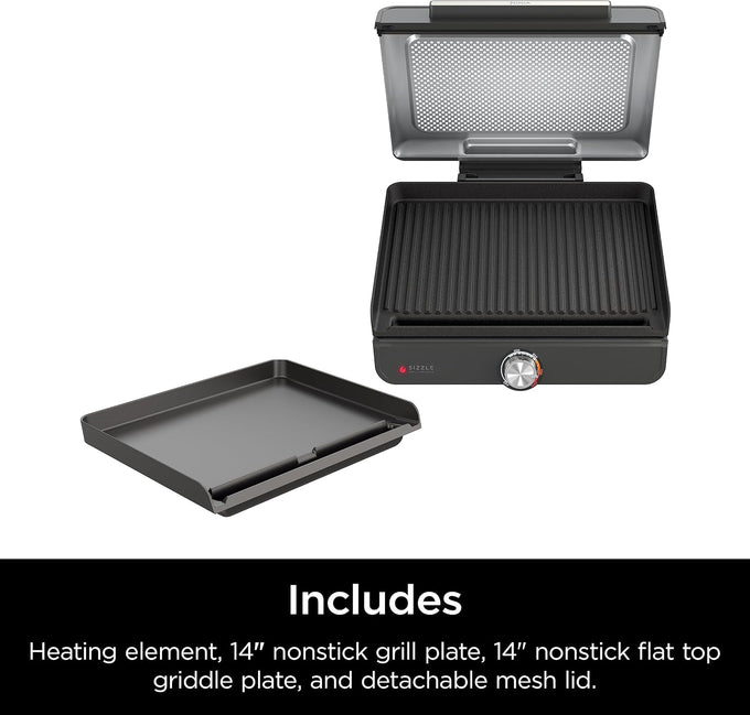 Ninja® Sizzle™ Indoor Grill & Griddle, 14'', 500°F, Grey/Silver, GR101