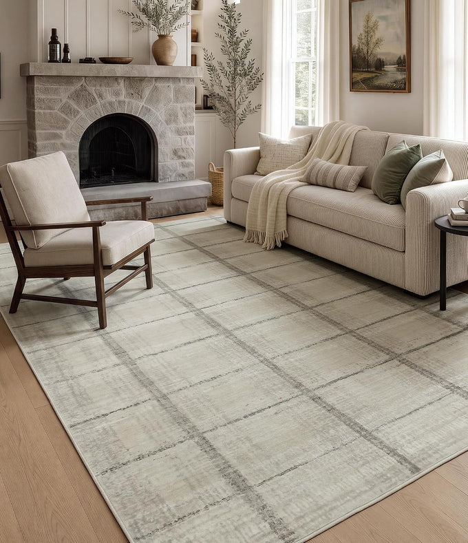 YIHOUSE 5x7 Beige Ivory Distressed Plaid Area Rug for Living Room