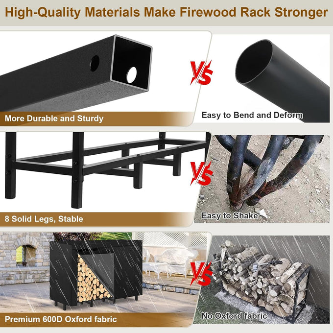 4FT Outdoor Firewood Rack, Wood Storage with 600D Waterproof Oxford Cover Heavy Duty 8 Legs Firewood Log Holder Indoor with Log Carrier, Gloves, and Kindling Hooks for Fireplace Patio Deck Wood Rack
