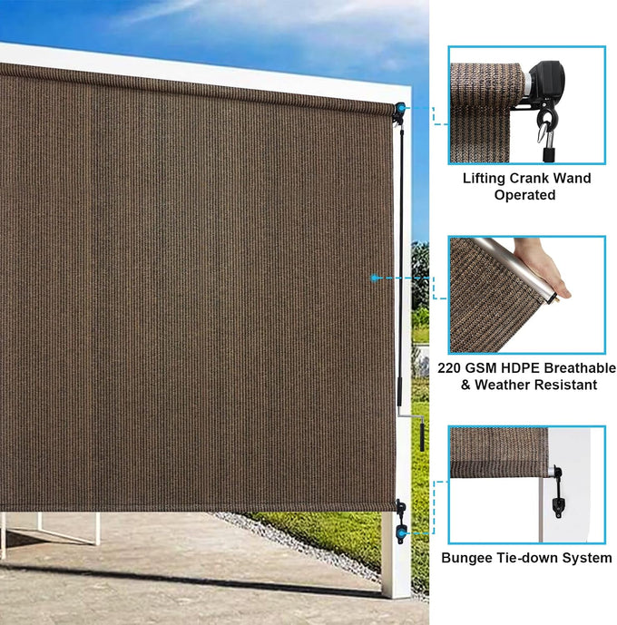 Amagenix Outdoor Roller Shades, 220GSM HDPE Exterior Cordless Patio Shades Roll Up Outdoor Blinds for Porch 8'(W) x 8'(H), Spliced of Two Sections, Mocha